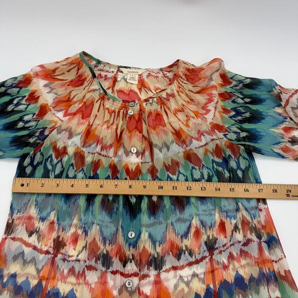 SUNDANCE Womens Silk Chiffon Sheer Blouse Size S Southwestern Print 3/4 Sleeve - Picture 7 of 8